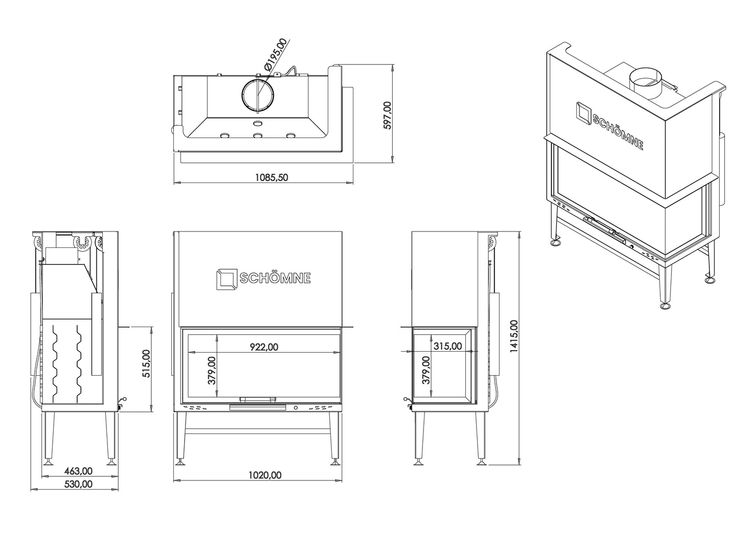 100 cm Right Glass Elevated Fireplace Chamber 