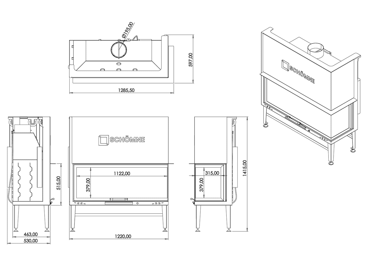 120 cm Right Glass Elevated Fireplace Chamber 