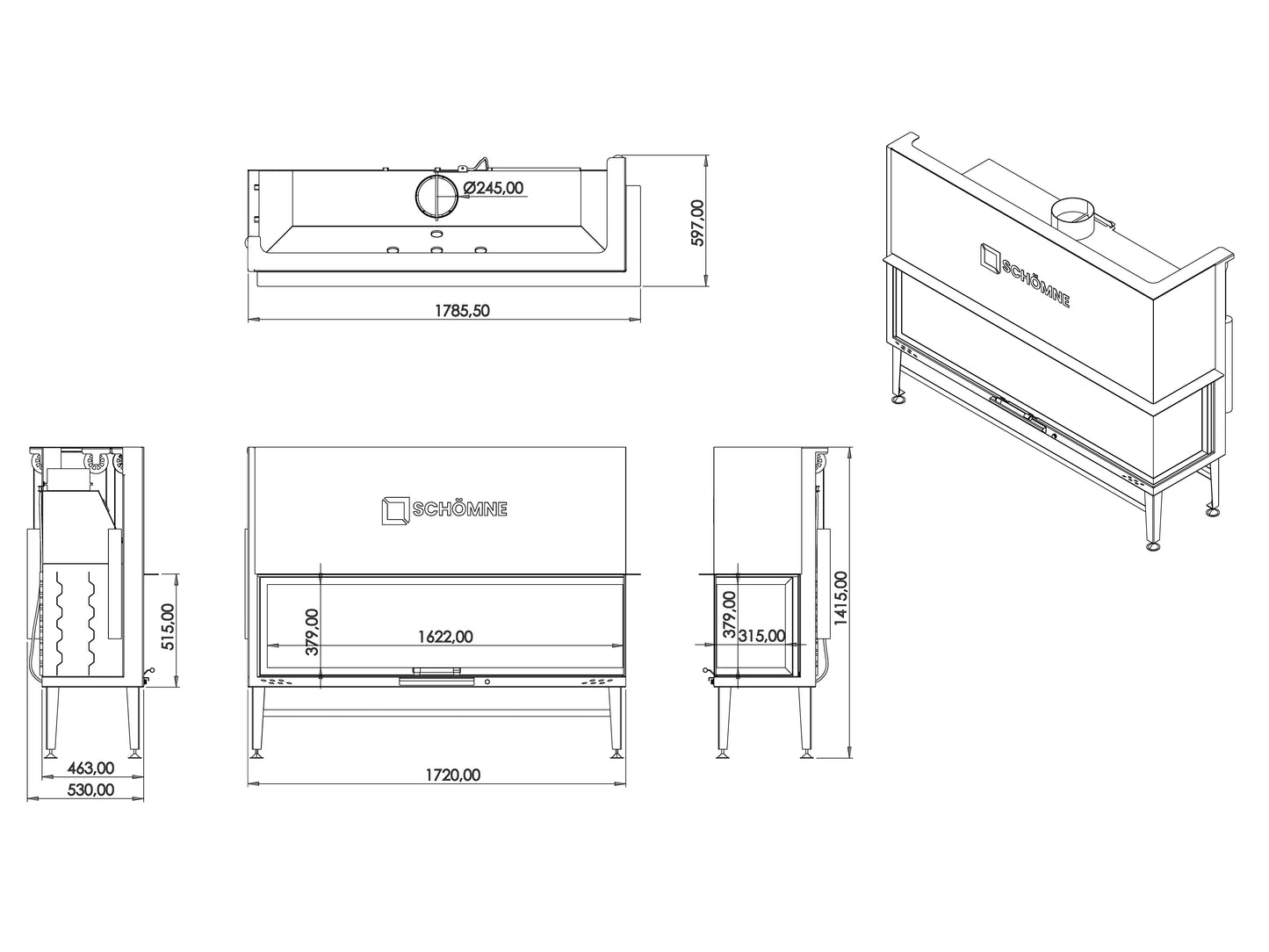 170 cm Right Glass Elevated Fireplace Chamber 