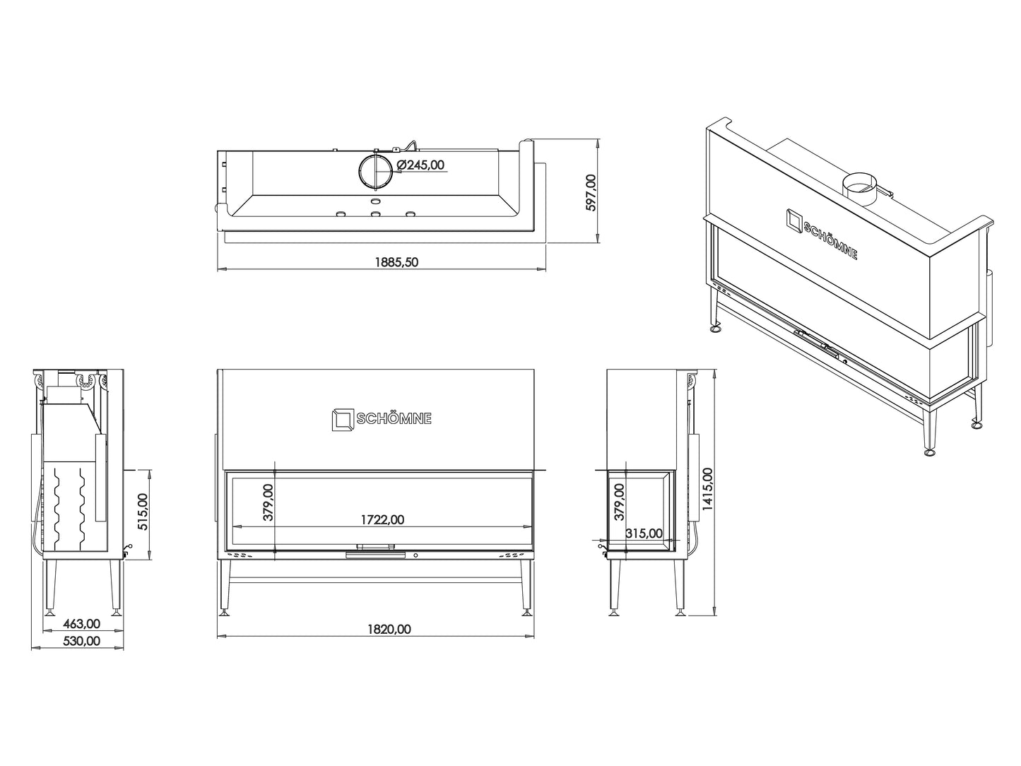 180 cm Right Glass Elevated Fireplace Chamber 