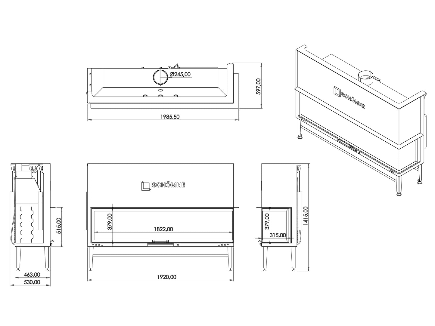 190 cm Right Glass Elevated Fireplace Chamber 