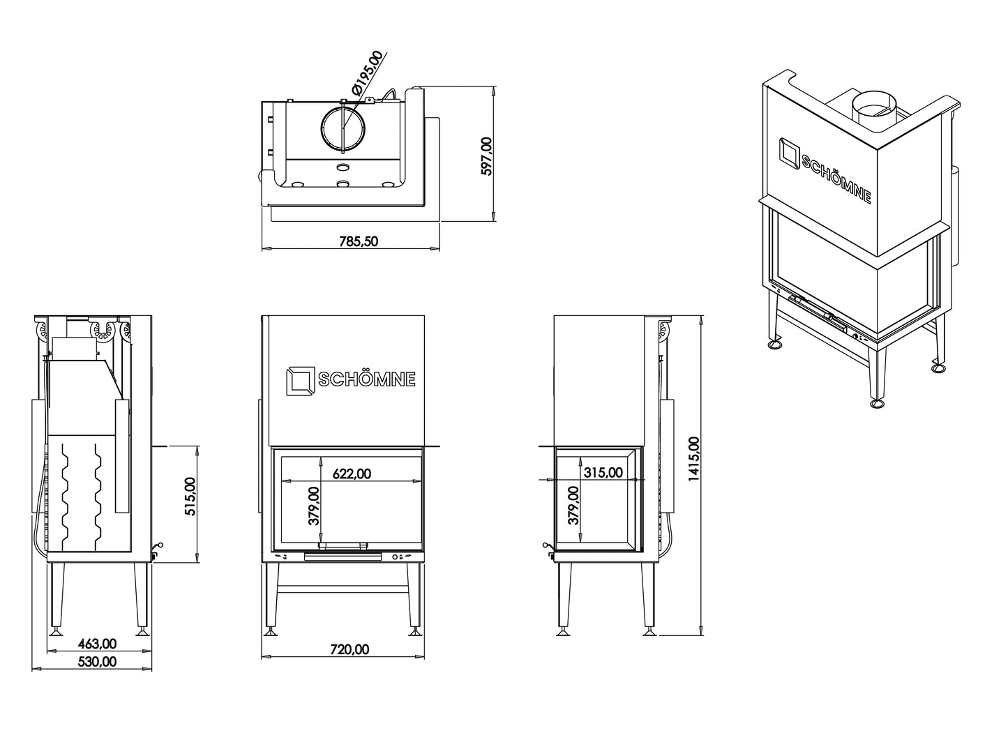 70 cm Right Glass Elevated Fireplace Chamber 