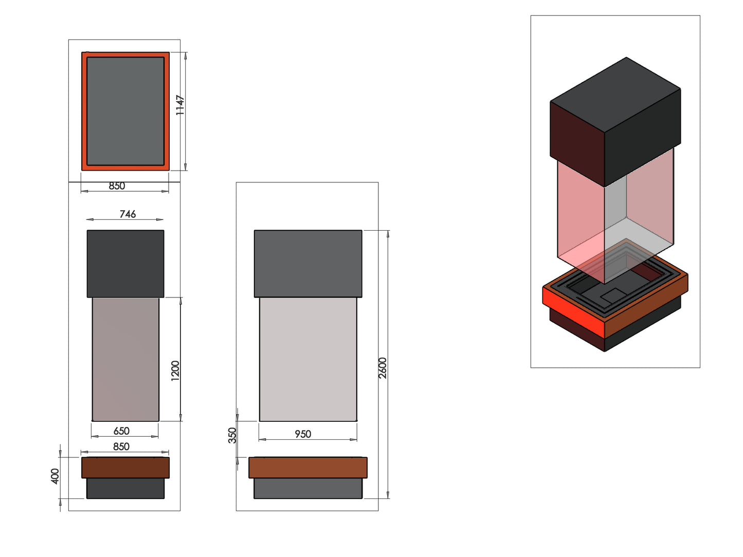 Suspended Rectangular Glass Model Medium Fireplace 95X65 