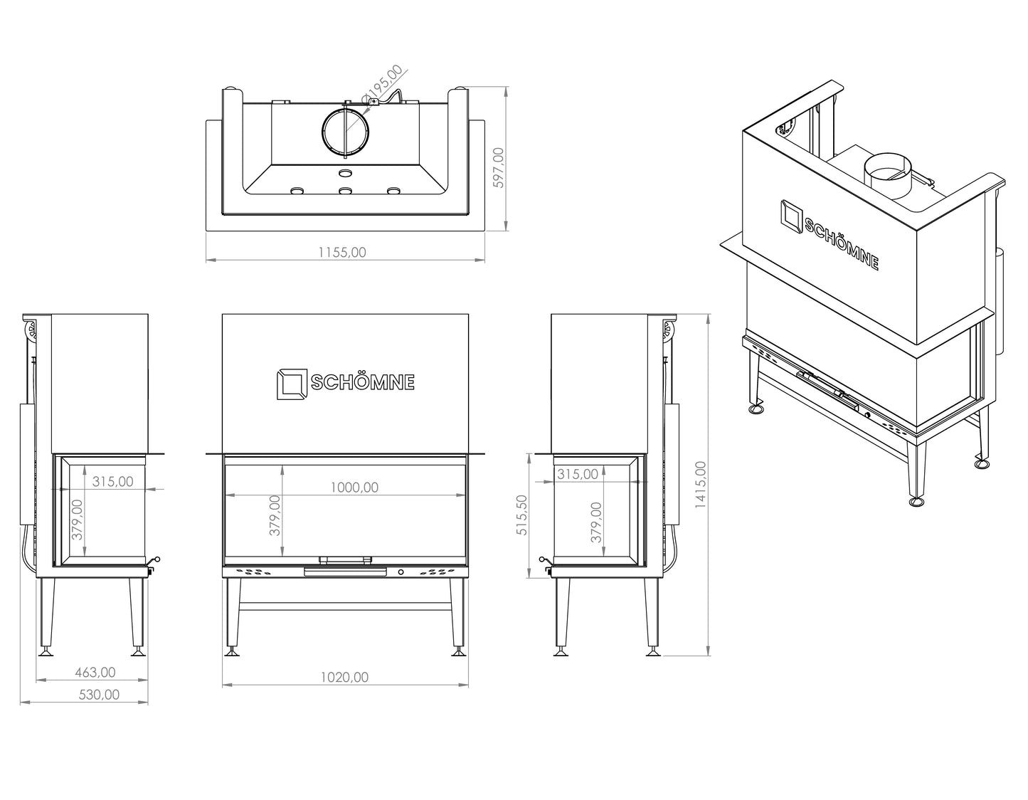 100 cm Fireplace Chamber with Three Sides Glass and Elevator 