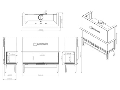 140 cm Fireplace Chamber with Glass on Three Sides and Elevator 