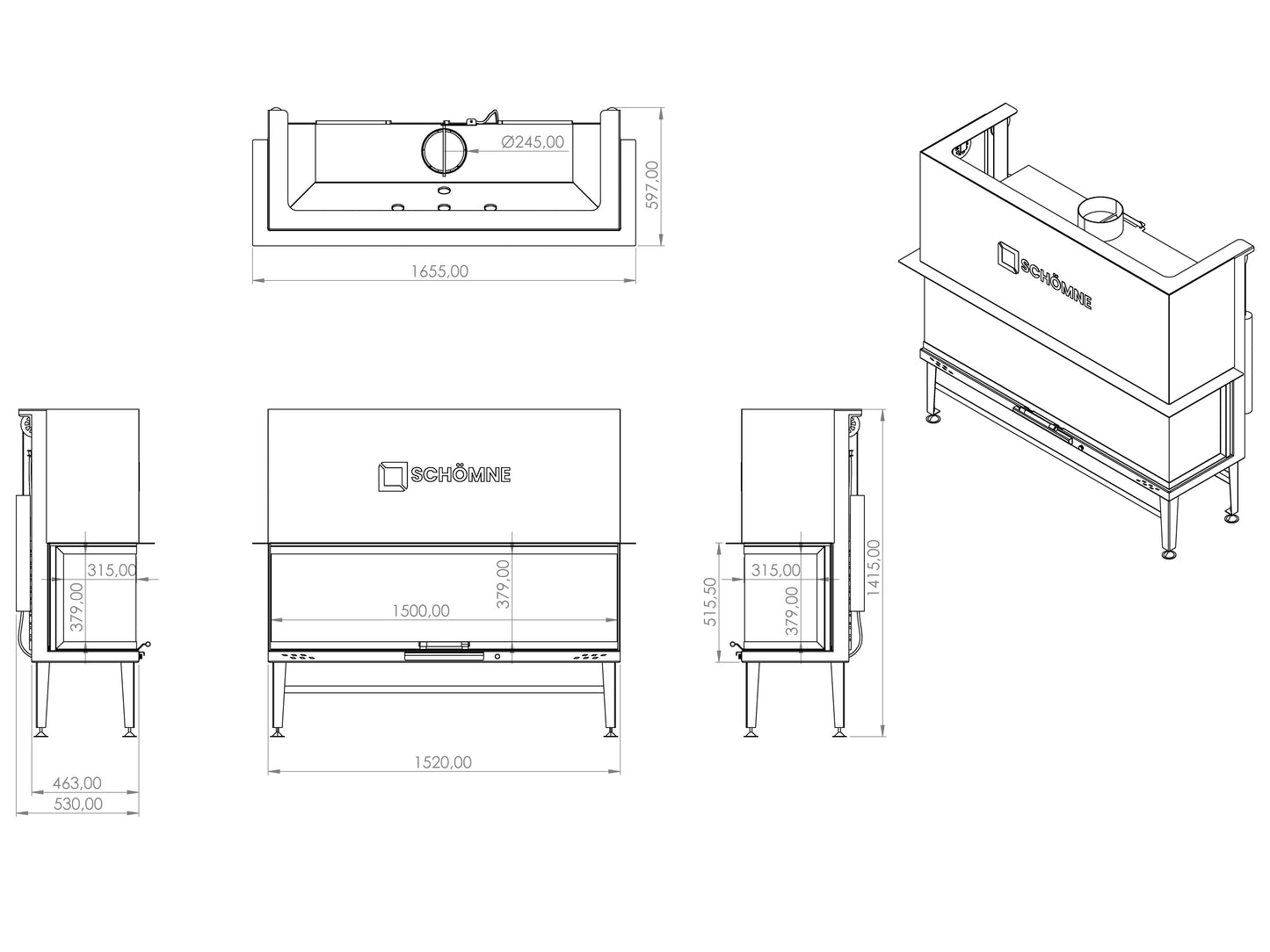 150 cm Fireplace Chamber with Three Sides Glass and Elevator 