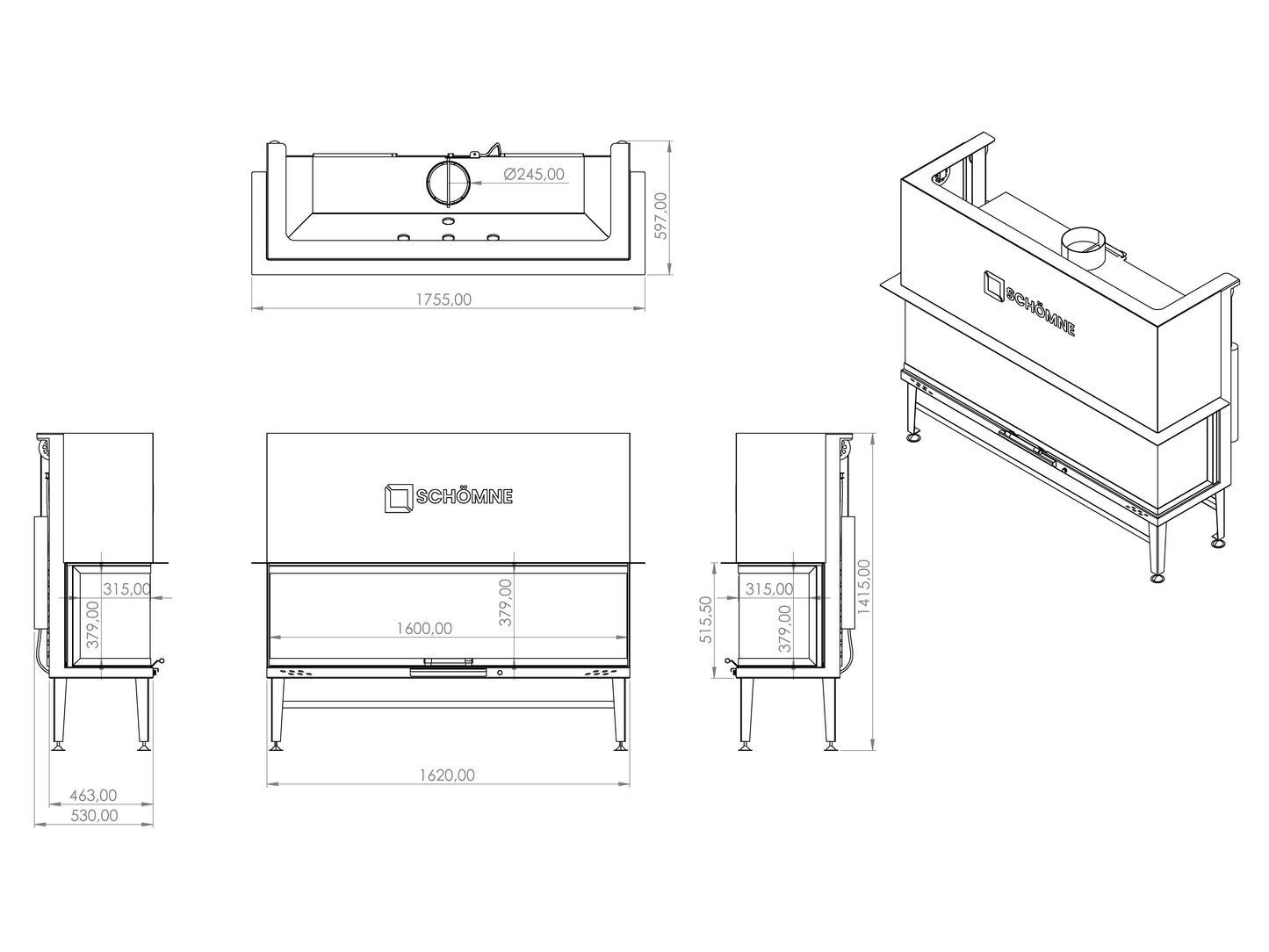 160 cm Fireplace Chamber with Three Sides Glass and Elevator 