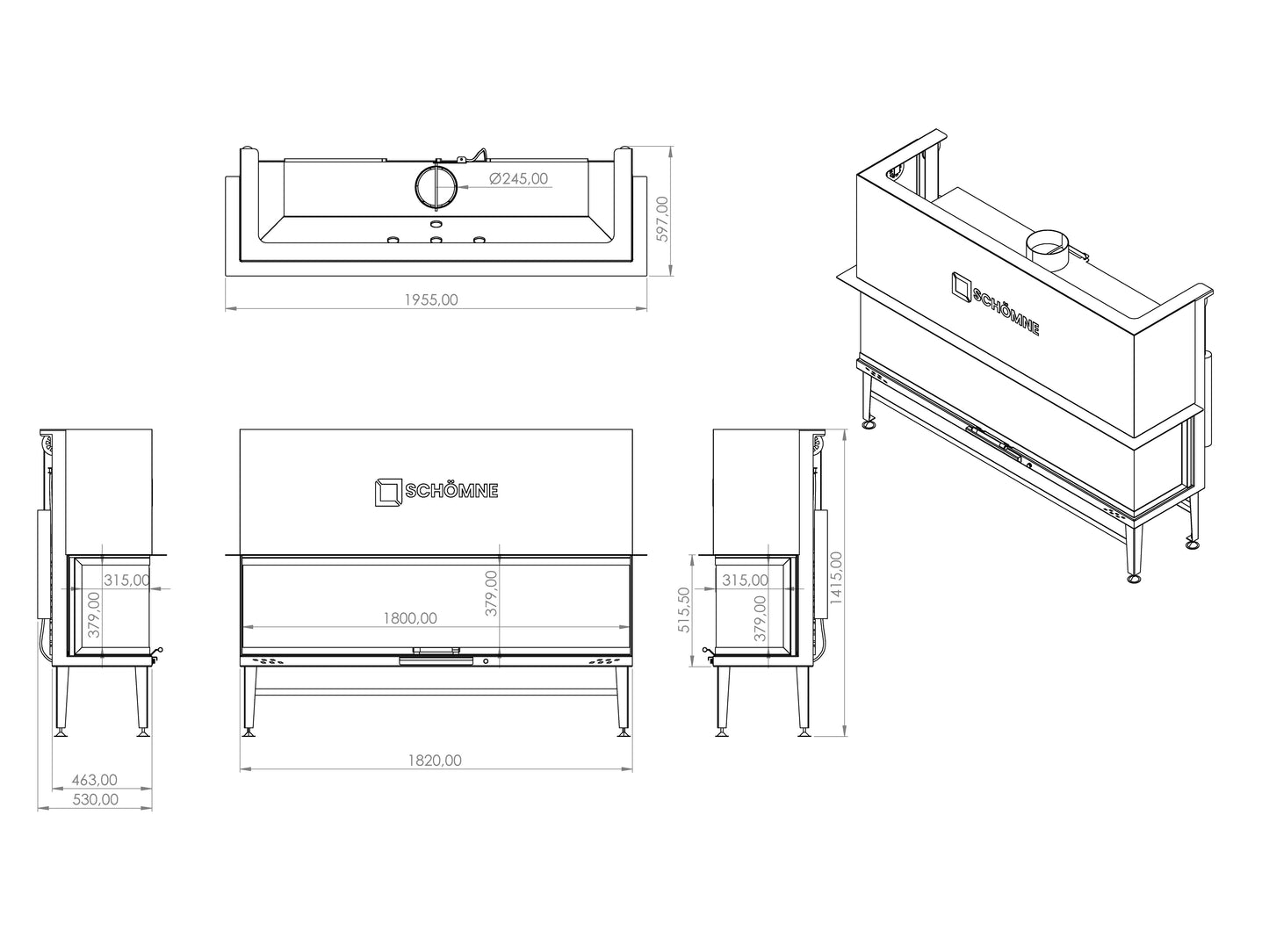 180 cm Fireplace Chamber with Three Sides Glass and Elevator 