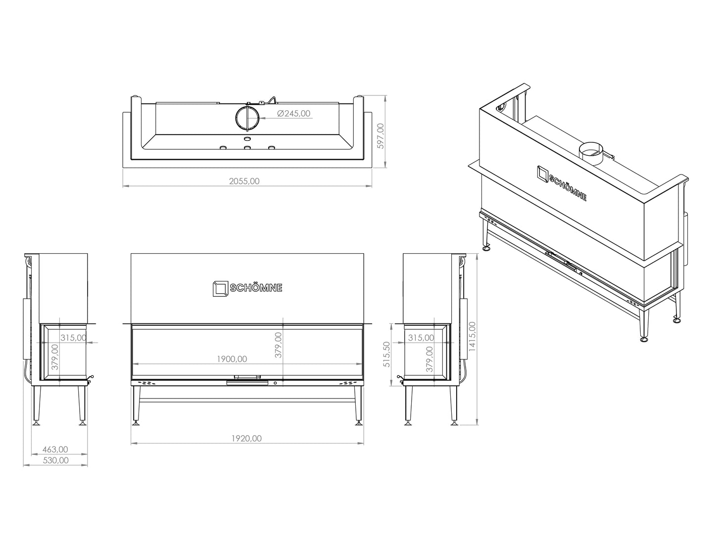 190 cm Fireplace Chamber with Three Sides Glass and Elevator 