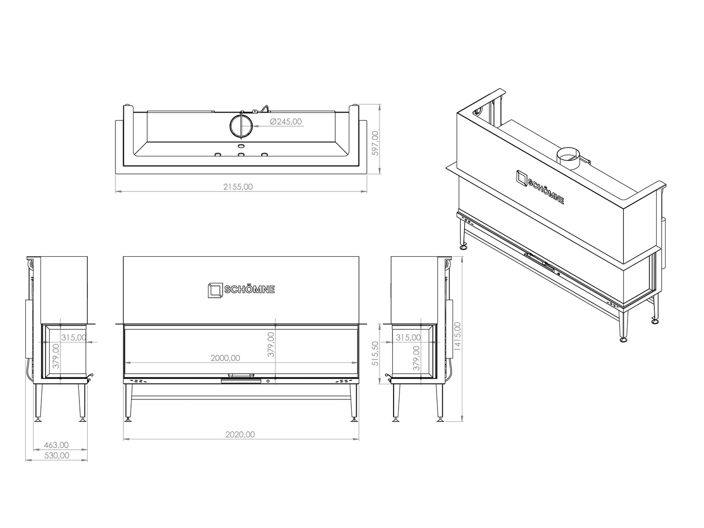 200 cm Fireplace Chamber with Three Sides Glass and Elevator 