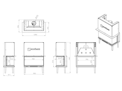 90 cm Glass Fireplace on Three Sides with Tunnel Elevator 