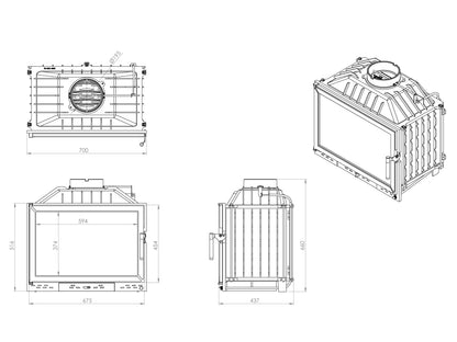 Cast Fireplace Chamber with Flap, Single Glass, 70 cm 