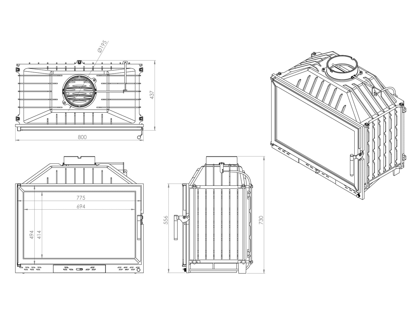 Cast Fireplace Chamber with Flap, Single Glass, 80 cm 