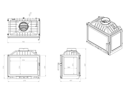 Cast Fireplace Chamber with Flap and Right Glass 70 cm 