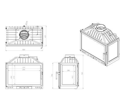 Cast Fireplace Chamber with Flap and Right Glass 80 cm 