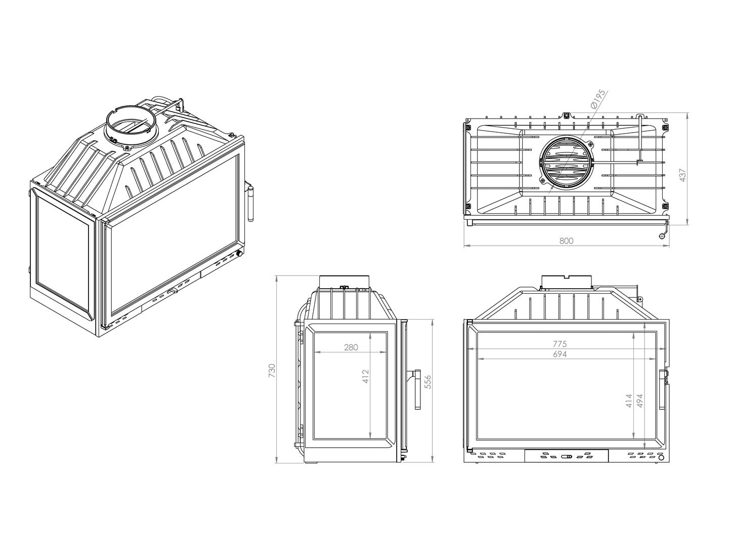 Cast Fireplace Chamber with Flap and Left Glass 80 cm 