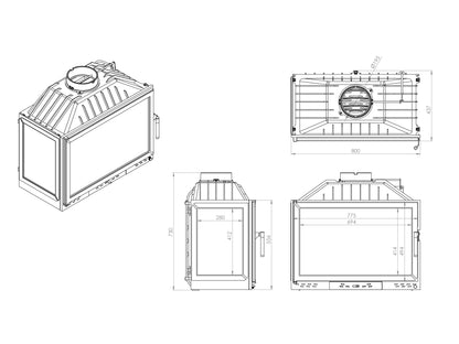 Cast Fireplace Chamber with Flap and Left Glass 80 cm 