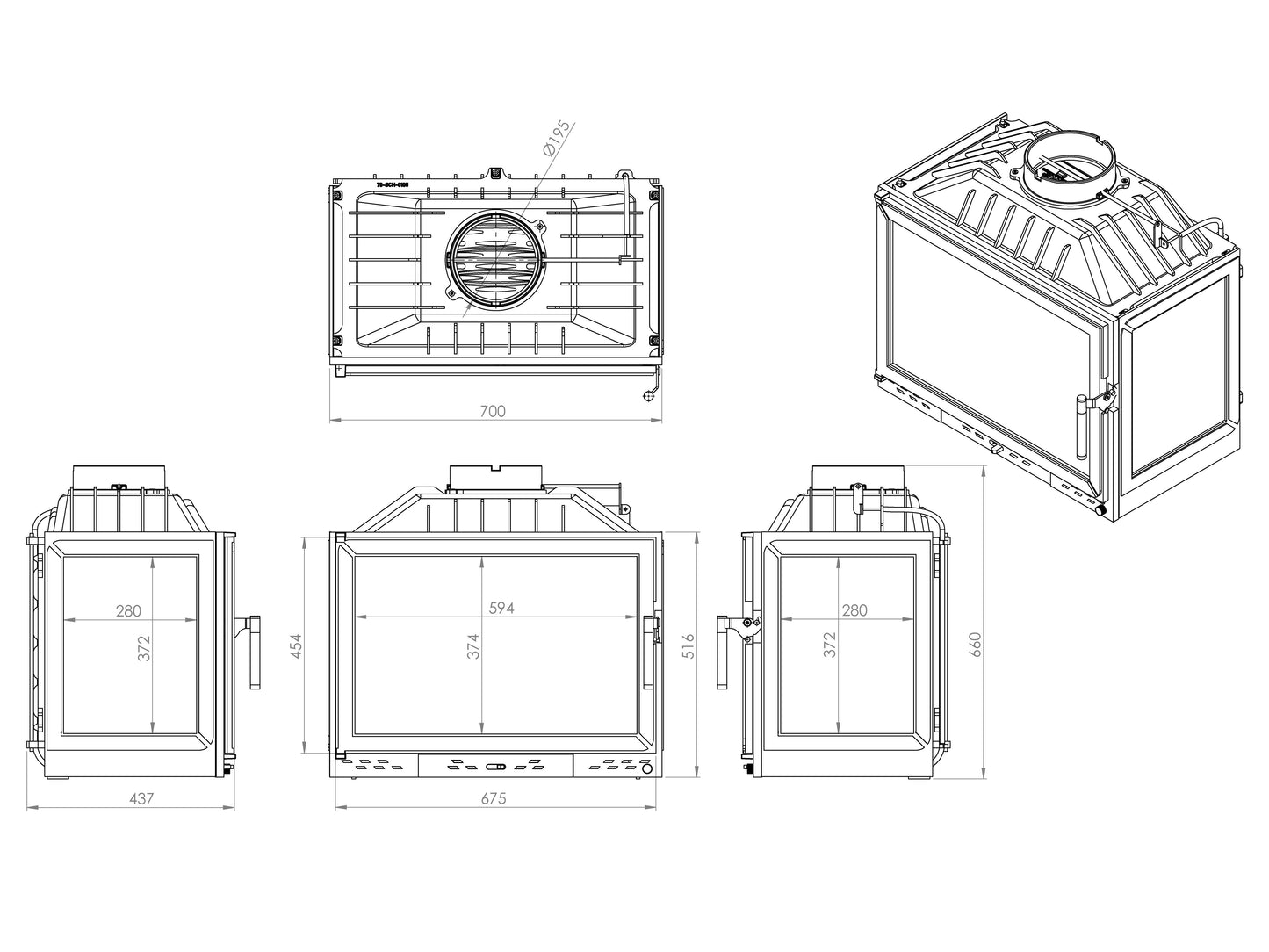 Cast Iron Fireplace Chamber with Flap and Glass on Three Sides 70 cm 