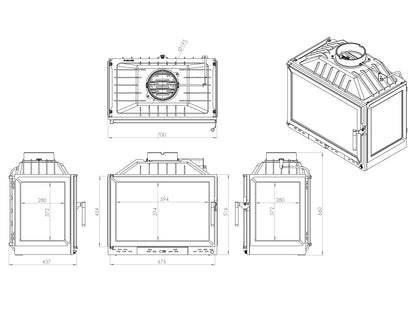 Cast Iron Fireplace Chamber with Flap and Glass on Three Sides 70 cm 