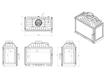 Cast Iron Fireplace Chamber with Flap and Glass on Three Sides 80 cm 