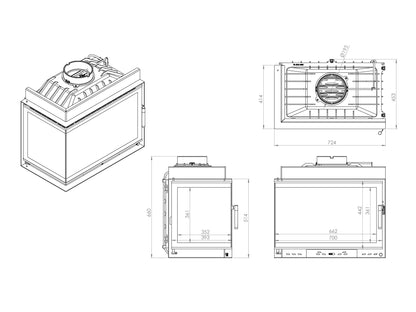 Black Glass Flap Cast Fireplace Chamber with Left Glass 70 cm 