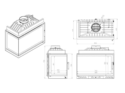 Black Glass Flap Cast Fireplace Chamber with Left Glass 80 cm 