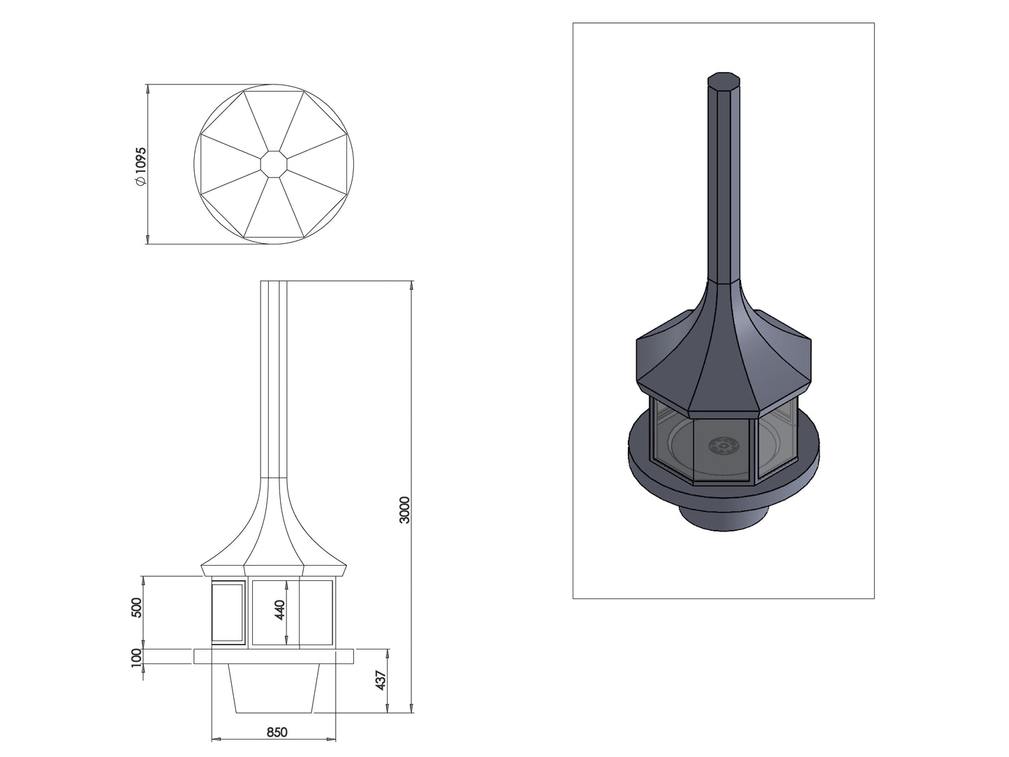 Sekizgen Model Orta Şömine 90X90